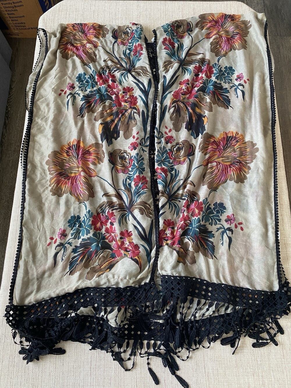 Woven Heart Boho Kimono Duster Floral Lace Fringe Black Taupe Size L